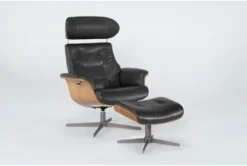 Amala Dark Grey Leather Reclining Swivel Chair With Adjustable Headrest And Ottoman -Furniture Store 208605 grey leather chair with ottoman set side 222