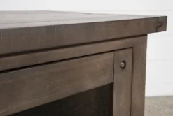 Jaxon Grey 68" TV Stand With Glass Doors -Furniture Store 249579 grey wood media console detail 06
