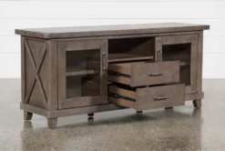Jaxon Grey 68" TV Stand With Glass Doors -Furniture Store 249579 grey wood media console storage 03