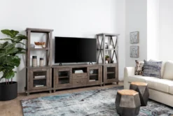 Jaxon Grey 3 Piece Entertainment Center With 68" TV Stand With Glass Doors -Furniture Store 249589 grey wood entertainment center room 07