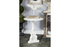 French Country Round White Wooden End Table With Ornate Scrollwork -Furniture Store 270049 white fiber accent table room 85 1
