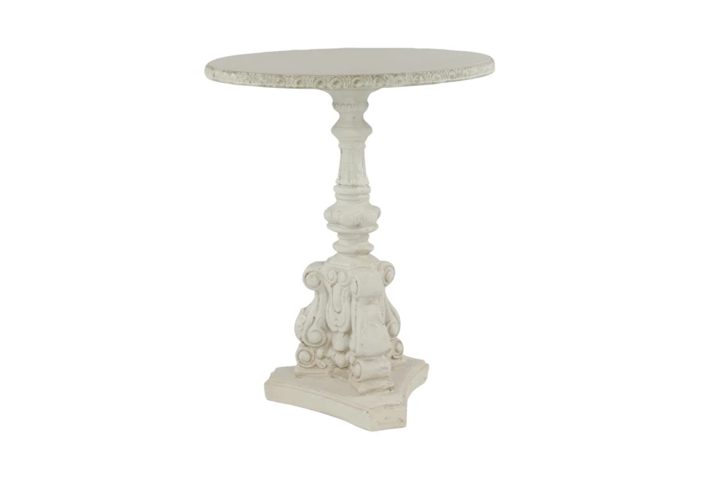 French Country Round White Wooden End Table With Ornate Scrollwork 3 French Country Round White Wooden End Table With Ornate Scrollwork