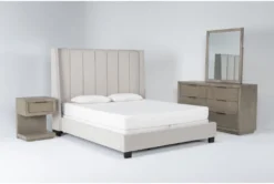 Topanga Grey King Velvet Upholstered 4 Piece Bedroom Set With Pierce Natural Dresser, Mirror + 1-Drawer Nightstand