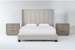 Topanga Grey Queen Velvet Upholstered 3 Piece Bedroom Set With 2 Pierce Natural 3-Drawer Nightstands