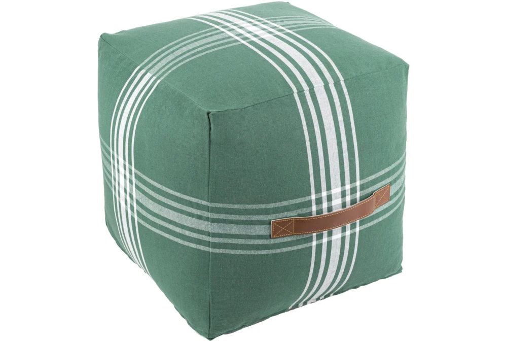 16X16 Green And White Plaid Cube Pouf With Cognac Leather Handle 3 16X16 Green And White Plaid Cube Pouf With Cognac Leather Handle