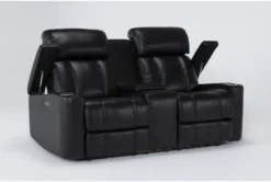 Eastwood Midnight 75" Power Reclining Storage Console Loveseat With Power Headrest & USB -Furniture Store 290155 black polyester console loveseat side 19