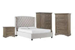 Mariah Queen Velvet Upholstered 4 Piece Bedroom Set With Chapman Chest Of Drawers, Wardrobe + 3-Drawer Nightstand