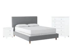 Dean Charcoal King Upholstered 3 Piece Bedroom Set With Larkin White Chest Of Drawers + Nightstand