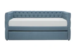 Sutton Light Blue Twin Upholstered Daybed With Trundle -Furniture Store 305526 grey fabric daybed front 02