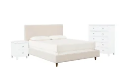 Dean Sand Full Upholstered Panel 3 Piece Bedroom Set With Larkin White Chest Of Drawers + Nightstand