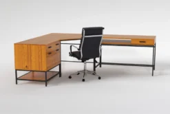 Hollis 3Pc Corner Desk + Moby Black High Back Rolling Office Chair -Furniture Store 309920 brown wood desk and chair set side 18