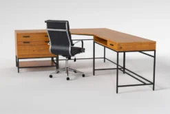 Hollis 3Pc Corner Desk + Moby Black High Back Rolling Office Chair -Furniture Store 309920 brown wood desk and chair set side 19