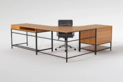 Hollis 3Pc Corner Desk + Moby Grey Low Back Rolling Office Chair -Furniture Store 309921 brown wood desk and chair set back 65