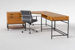 Hollis 3Pc Corner Desk + Moby Grey Low Back Rolling Office Chair -Furniture Store 309921 brown wood desk and chair set side 19