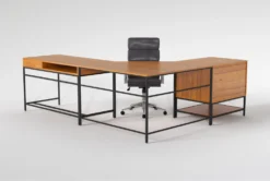 Hollis 3Pc Corner Desk + Moby Grey High Back Rolling Office Chair -Furniture Store 309922 brown wood desk and chair set back 65