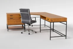Hollis 3Pc Corner Desk + Moby Grey High Back Rolling Office Chair -Furniture Store 309922 brown wood desk and chair set side 19