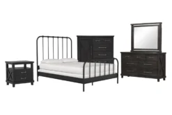 Knox California King Metal 5 Piece Bedroom Set With Jaxon Dresser, Mirror, Wardrobe + Open Nightstand