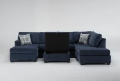 Colby Navy 128" 3 Piece Sectional With Left Arm Facing Chaise & Right Arm Facing Corner Chaise & Storage Ottoman -Furniture Store 314705 blue fabric living room set detail 44
