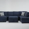 Colby Navy 128" 3 Piece Sectional With Left Arm Facing Chaise & Right Arm Facing Corner Chaise & Storage Ottoman -Furniture Store 314705 blue fabric living room set signature 01