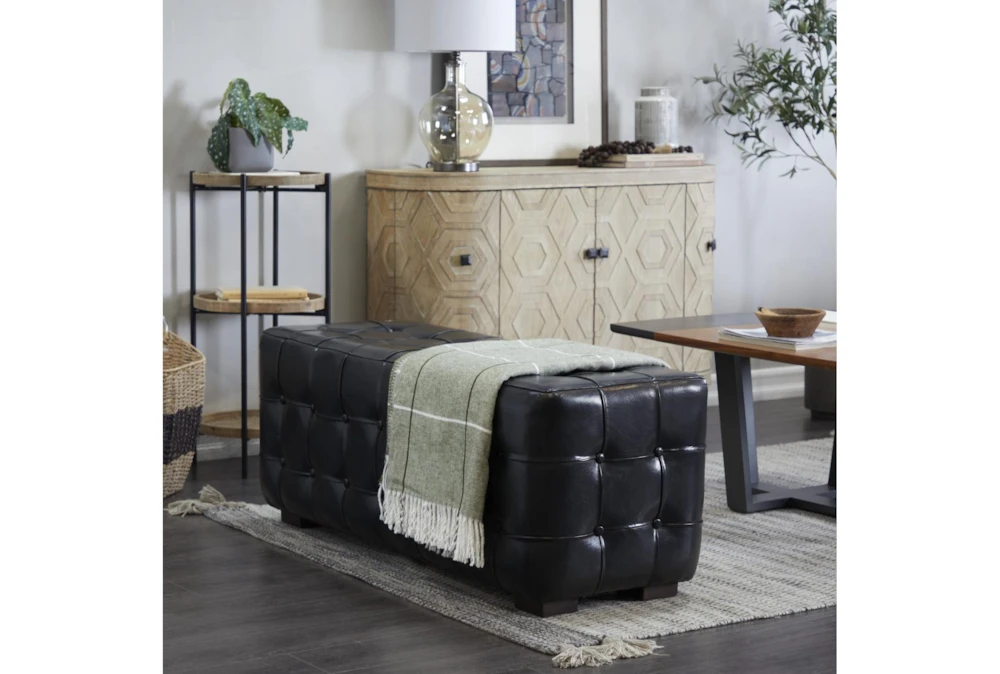 48" Black Leather & Teak Wood Bench 7 48" Black Leather & Teak Wood Bench - Image 5