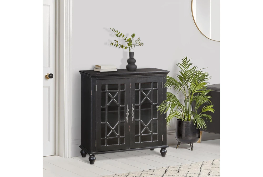 34" Antique Black Wood Accent Cabinet With Glass + Wood Doors 8 34" Antique Black Wood Accent Cabinet With Glass + Wood Doors - Image 6