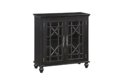 34" Antique Black Wood Accent Cabinet With Glass + Wood Doors