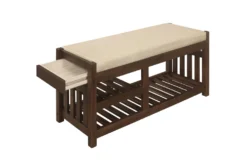 38" Dark Walnut Wood + Fabirc Bench With Open Shelves -Furniture Store 320662 brown wood bench detail 44