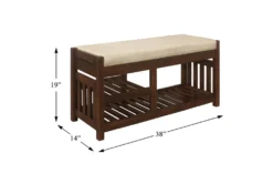 38" Dark Walnut Wood + Fabirc Bench With Open Shelves -Furniture Store 320662 brown wood bench detail 45