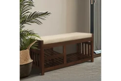 38" Dark Walnut Wood + Fabirc Bench With Open Shelves -Furniture Store 320662 brown wood bench room 85