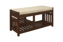 38" Dark Walnut Wood + Fabirc Bench With Open Shelves