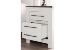 Saddie Two-Tone White/Brown 2 Drawer Nightstand With Wireless Charging & USB -Furniture Store 321248 white wood nightstand room 86