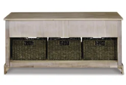 42" White Wash Engineered Wood Storage Bench With Three Woven Baskets -Furniture Store 321971 back 82