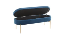 48" Blue Velvet + Gold Metal Legs Storage Bench -Furniture Store 326525 blue velvet storage bench front 02