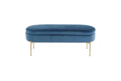 48" Blue Velvet + Gold Metal Legs Storage Bench -Furniture Store 326525 blue velvet storage bench front 03