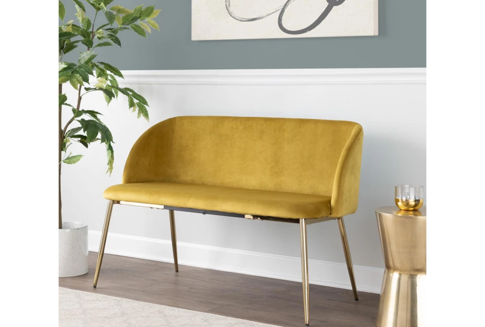 46" Mustard Velvet Bench With Gold Metal Legs 11 46" Mustard Velvet Bench With Gold Metal Legs - Image 9